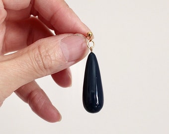 Navy blue teardrops earrings, hand painted, lightweight, gift idea for friends, modern, classic jewelry, affordable earrings, 14k gold fill