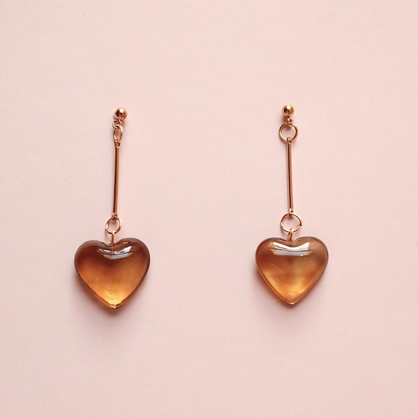 Neutral amber color heart drop resin earrings, dainty 14k gold filled, women, heart shaped earring, Valentine’s day earrings, birthday gift
