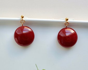 Circle earring, burnt red, resin, handmade, statement earrings, gold plated, classic style, bold and modern, birthday earrings, valentine