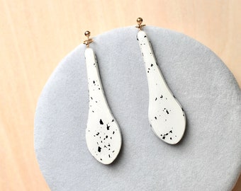 Hand painted  white and black speckled teardrop earrings, gold plated, drops, holiday gift, gift under 30, resin, wood, handmade, eggshell