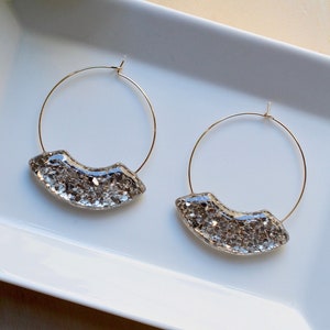 Large statement hoop earrings, with gold sparkle charm, gold glass pieces, thin gold plated wire hoops, festive accessories, unique earring image 1
