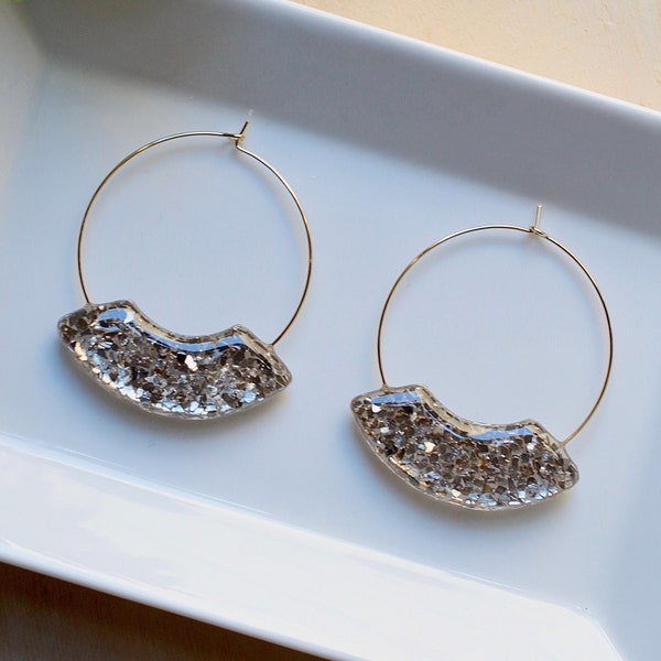 Large statement hoop earrings, with gold sparkle charm, gold glass pieces, thin gold plated wire hoops, festive accessories, unique earring