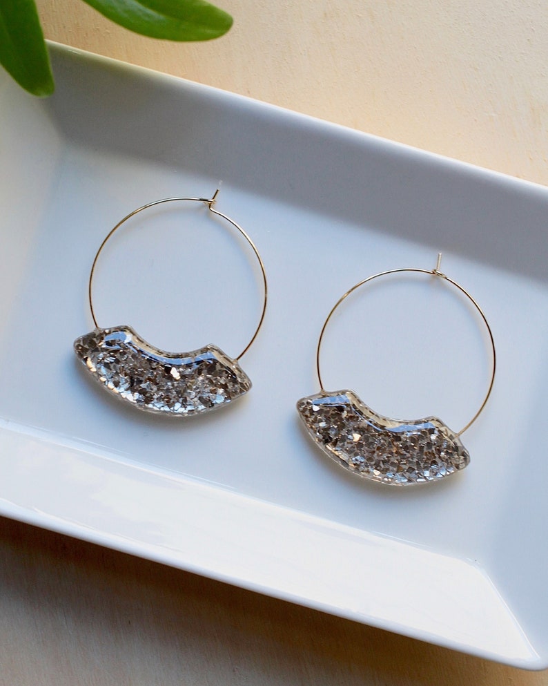 Large statement hoop earrings, with gold sparkle charm, gold glass pieces, thin gold plated wire hoops, festive accessories, unique earring image 1