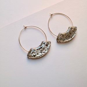 Large statement hoop earrings, with gold sparkle charm, gold glass pieces, thin gold plated wire hoops, festive accessories, unique earring image 3