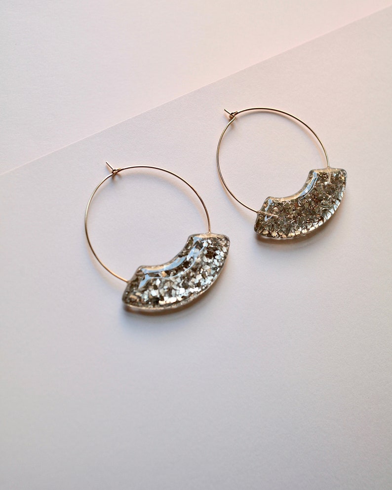 Large statement hoop earrings, with gold sparkle charm, gold glass pieces, thin gold plated wire hoops, festive accessories, unique earring image 3