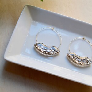 Large statement hoop earrings, with gold sparkle charm, gold glass pieces, thin gold plated wire hoops, festive accessories, unique earring image 6