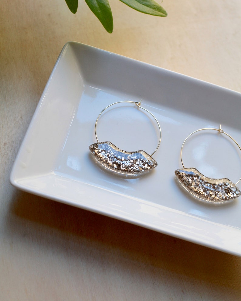 Large statement hoop earrings, with gold sparkle charm, gold glass pieces, thin gold plated wire hoops, festive accessories, unique earring image 6