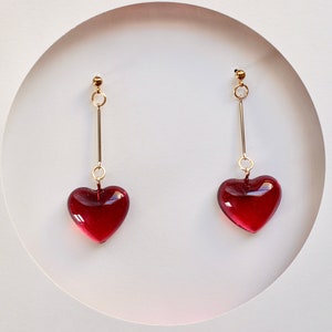 Handmade Red Resin Heart Earrings: 14k Gold-Filled Wire