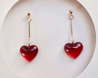 Red heart earring, handmade, drop earring, simple, cute, valentine earrings, valentine gift, birthday gift, mother's day, sweetheart, gold