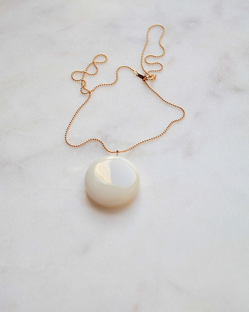 Ivory white color resin circle charm necklace, 14k gold filled bead chain with spring clasp, circle pendant, modern jewelry image 4