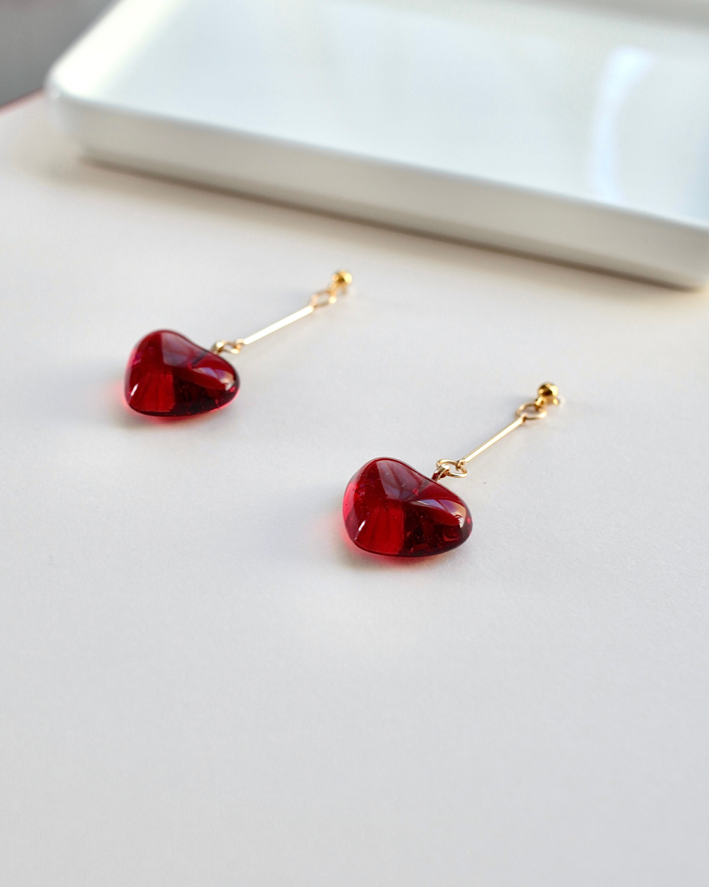 Red heart earring, handmade, drop earring, simple, cute, valentine earrings, valentine gift, birthday gift, mother&#39;s day, sweetheart, gold