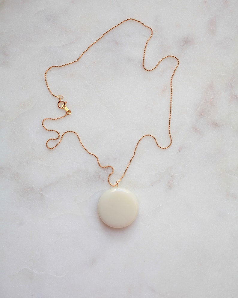Ivory white color resin circle charm necklace, 14k gold filled bead chain with spring clasp, circle pendant, modern jewelry image 2