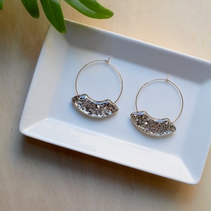 Large statement hoop earrings, with gold sparkle charm, gold glass pieces, thin gold plated wire hoops, festive accessories, unique earring image 5