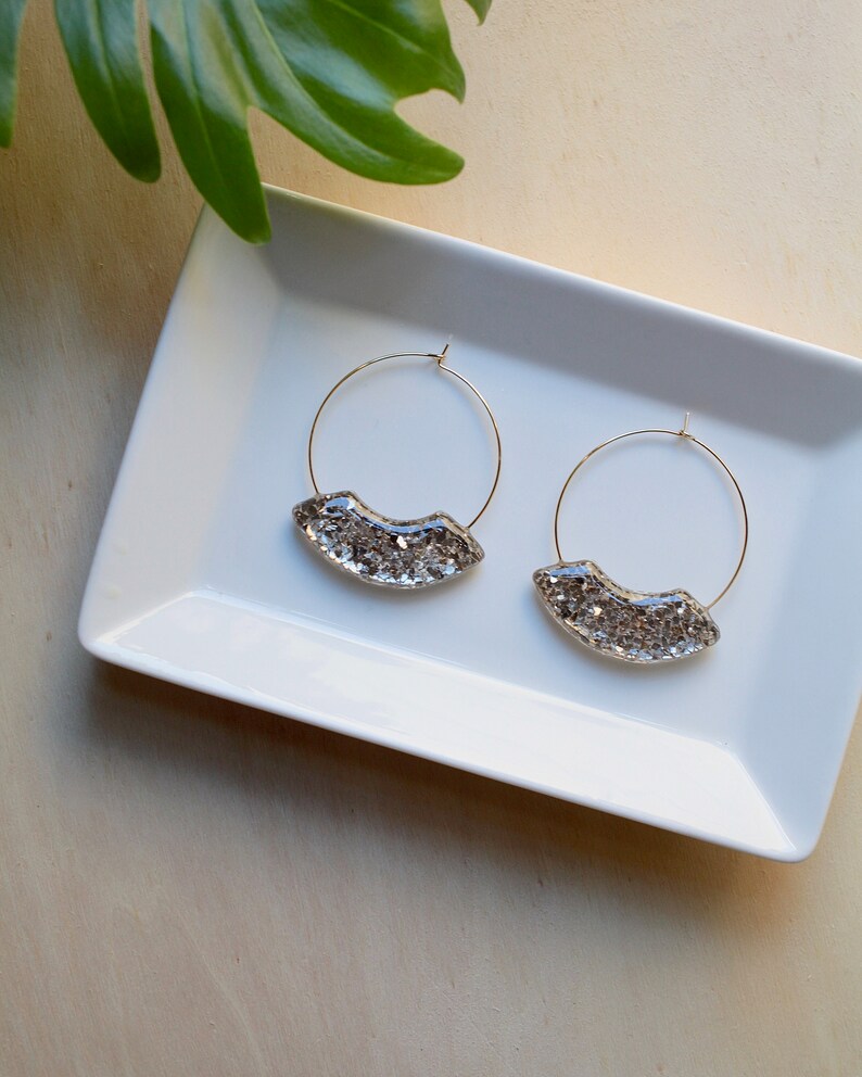 Large statement hoop earrings, with gold sparkle charm, gold glass pieces, thin gold plated wire hoops, festive accessories, unique earring image 5