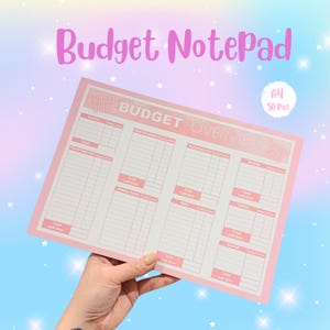 May include: A pink A4 notepad with 50 pages for budgeting. The notepad has a pink and white grid pattern and the words "Budget Overview" printed on the front.