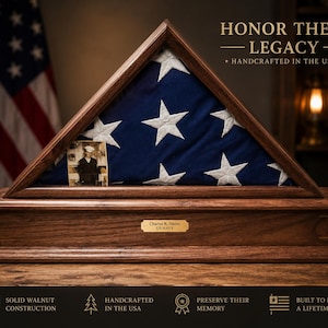 Walnut Flag Display Case with Shadow Box | Personalized Military Flag Case | Retirement Gift | Veteran Memorial Display