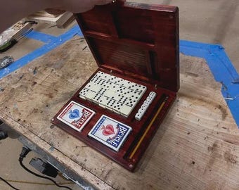 Wooden Game Box with Classic Games, Handmade Family Game Set, Rustic Board Game Storage, Travel Game Box, Father's Day  Family Game Night