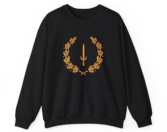 Könnte beinhalten: Schwarzes Sweatshirt mit einem goldenen Lorbeerkranz- und Schwertmuster.