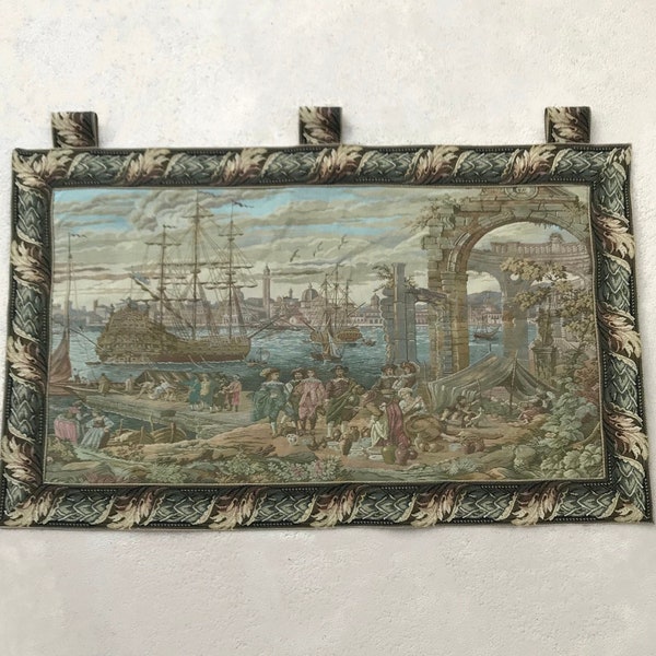 Antique landscaping with ships vintage Flemish Tapestry. Belgium.