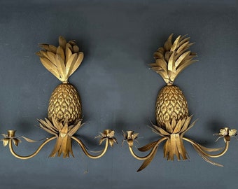 Large VintageFrench Gilt Pineapple Wall Sconces. Hollywood regency. A Pair