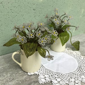 Charming Vintage French Glass beaded flowers bouquets / white beaded violets. Set of two