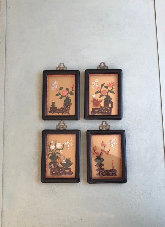 Vintage Chinese Wall Art. Jade Imitation 3D Pictures. Set of 4
