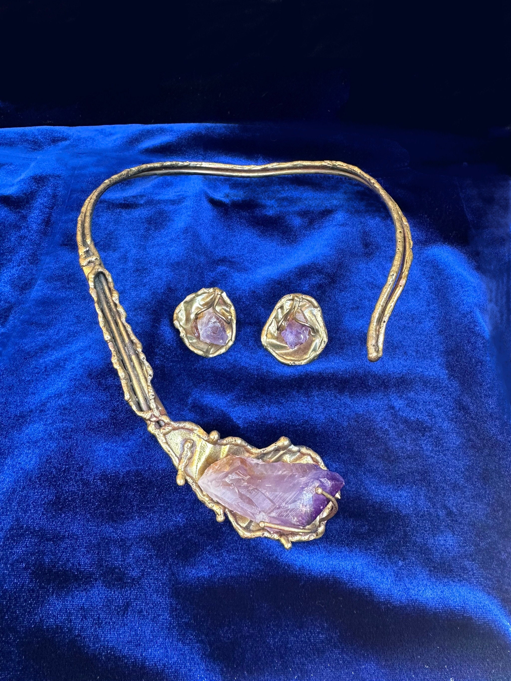 Artisan Brutalist Mid Century Modern Jewelry Set. Necklace and Earrings