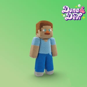 Pode incluir: Boneca de crochê feita à mão de um personagem pixelado, com uma cabeça marrom em forma de bloco, camisa azul clara e calças azuis. A boneca tem um rosto bronzeado com olhos azuis e boca marrom. O fundo é um gradiente de verde. O texto "Dona & Devi" está no canto superior direito.
