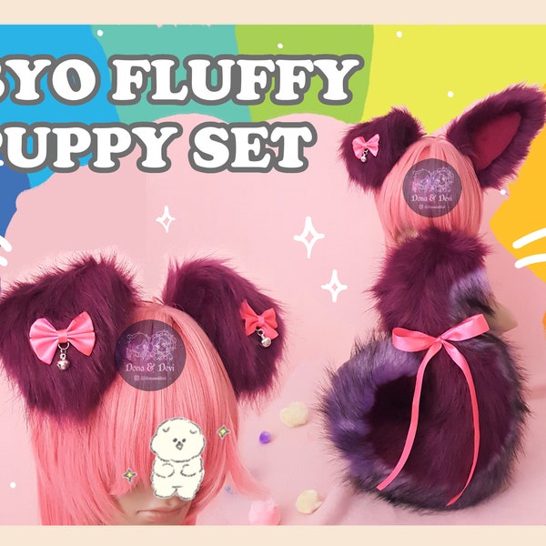 Any Color Custom/BYO Kawaii Extra Fluffy Floppy Puppy Ears Headband and Puppy Tail Set with Bows for Costume, Cosplay, PetPlay - DonaAndDevi