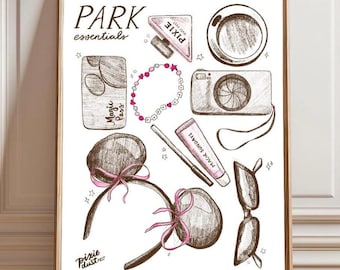 Rose Illustration Essentiels de la journée au parc | Art girly pour parc à thème | Fille cool téléchargement numérique
