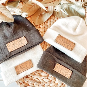 Leather Patch Personalized Knit Pom Pom Beanie
