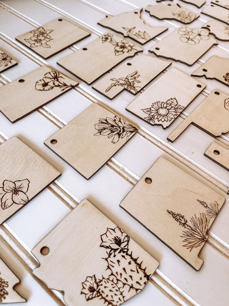 Birch wood engraved personalized state flower ornaments