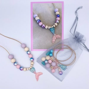 Craft set mermaid / children's necklace pearl necklace / children's birthday party bag / DIY / leather strap, silicone beads, wooden beads, fin pendant