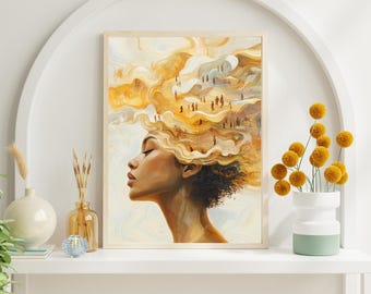 May include: A painting of a woman with a flowing golden hair-like cloud with small figures in it. The woman has brown skin and closed eyes. The background is a light beige.