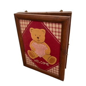 Vintage Wooden Key Holder Box With Bear Embroidery