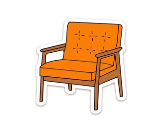 May include: A mid-century modern armchair with a tufted orange fabric seat and brown wooden legs.