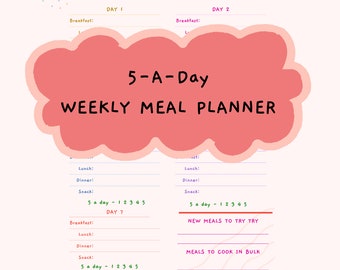 Weekly Meal Planner | 5-A-Day Fruit and Vegatable Tracker for Healthy Living| Printable Meal Plan