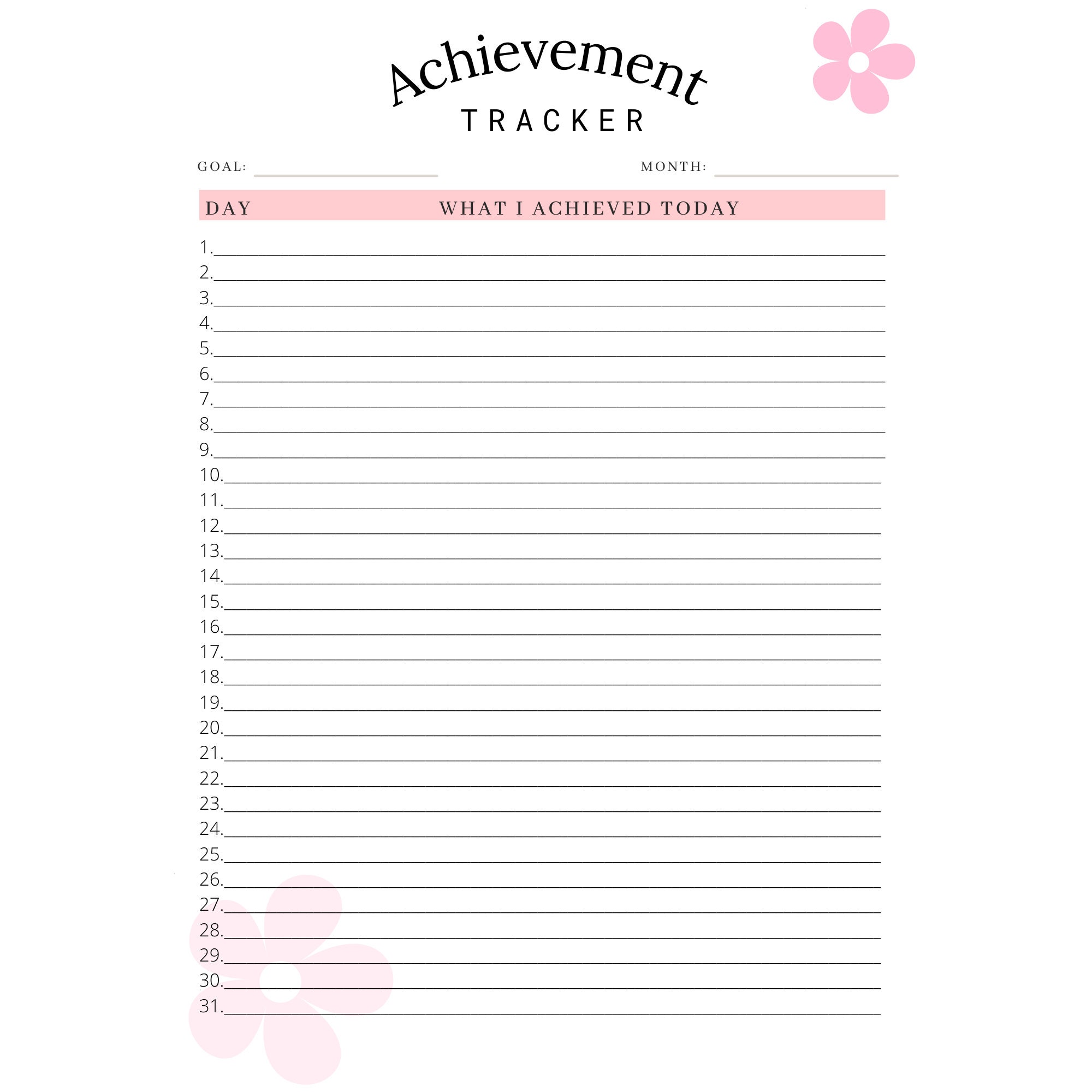 Daily Achievements Tracker Sheet | 31-day Printable Tracker | Build a ...