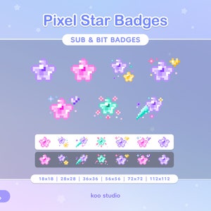 Urocze fioletowe odznaki Pixel Star dla serwisów Twitch, Discord i Youtube (odznaki Twitch Sub | odznaki Bit | odznaki subskrybentów | odznaki subskrybentów | role Discord)