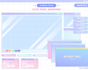 May include: A set of animated pixel window frames in a light blue and pink color scheme. The windows have a grid pattern and are labeled with text like "FACE OM", "CHAT ROOM", and "BE RIGHT BACK".