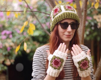Hand Crochet Granny Square Beanie and Fingerless Gloves Set