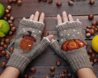 Pumpkin Embroidered Gloves, Boho Fingerless Gloves For Women, Alpaca Wool Arm Warmers, Hand Knitted Mittens, Bohemian Gloves For Winter.