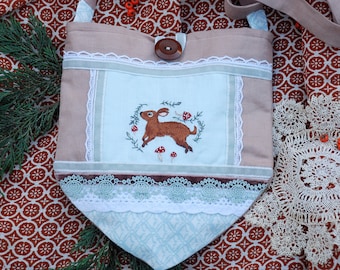 Cottagecore Rabbit Embroidered Bag, Prairie Girl Pouch With Hand Embroidery, Forestcore Shoulder Bag, Unique Linen Satchel, Fairycore Bag.
