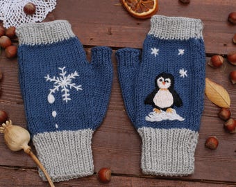 Hand Knitted Penguin Gloves, Embroidered Wool Fingerless Mittens