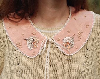 Bead Embroidered Peter Pan Collar, Unique Women's Collar, Floral Design Removable Collar, Embellished, Detachable Pink collar Cute Collar.