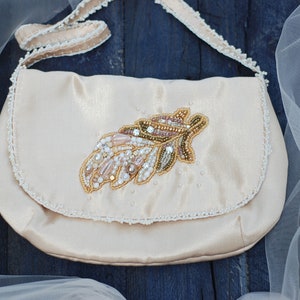 Leaf Bead Embroidered Bag, Creative Bride Bag, Satin Evening Purse, Beaded Small Satchel, Handcrafted Fancy Bag, Vintage Style Tiny Purse.