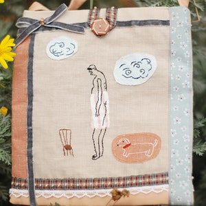 Hand embroidered crossbody bag, Old man&#39;s magical holiday bag, Purse in boho style, Linen patchwork bag, Shoulder bag with embroidery.