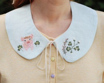 Pig Embroidered Peter Pan Collar, Cottagecore Accessories, Removable Linen Collar, Piglet Pattern Mori Collar, Fairycore Collar With Ribbon.