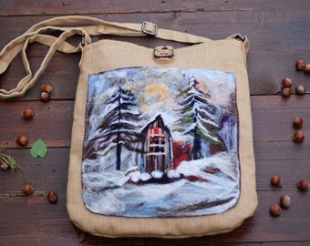Handcrafted Felted Landscape Bag, Bohemian Shoulder Purse