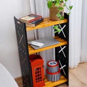 3-Tier Holz Bücherregal, Kinderzimmer Organizer Regal, Metall und Holz Regal, Holz Aufbewahrungsregal, Einzigartiges Design Regal, Housewarminggeschenk